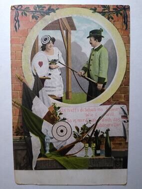 Vintage Bavarian Couple Hunting Target Postcard Romantic Folk Art Serie 285